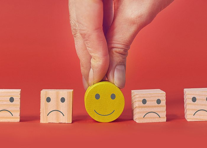 Customer showing rating with happy icon, Customer satisfaction survey concept, copy space
